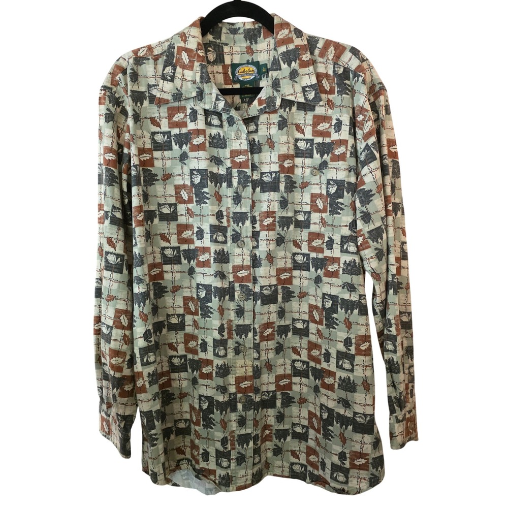 Vintage Cabelas Women's Cotton Button Up Shirt Large Nature Camping Tree Print